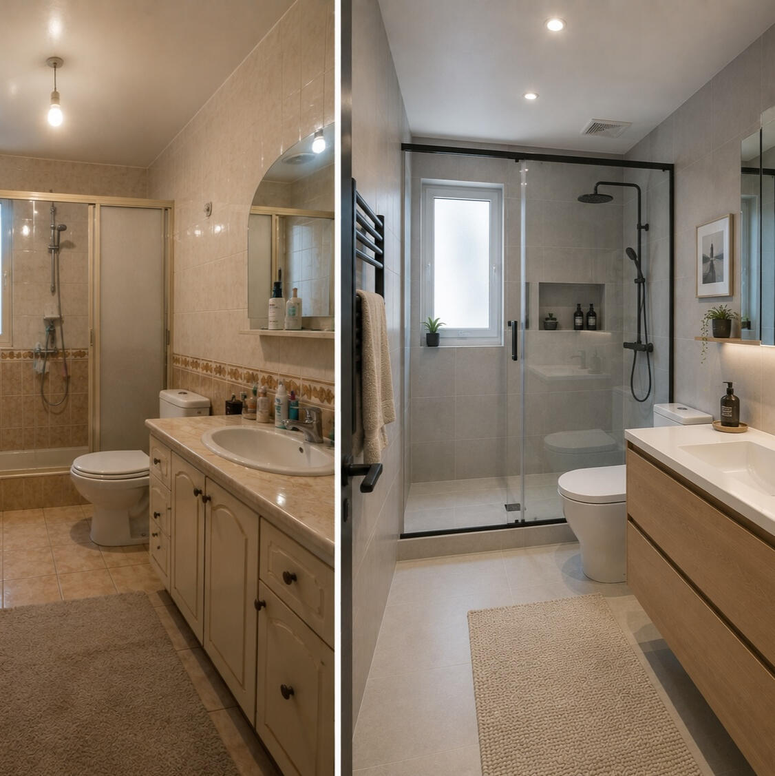 Side-by-side view of the same bathroom before and after renovation, showing an older beige-tiled space with dated fixtures transformed into a modern grey bathroom with a glass shower enclosure, floating wood vanity, updated lighting, and cleaner lines.