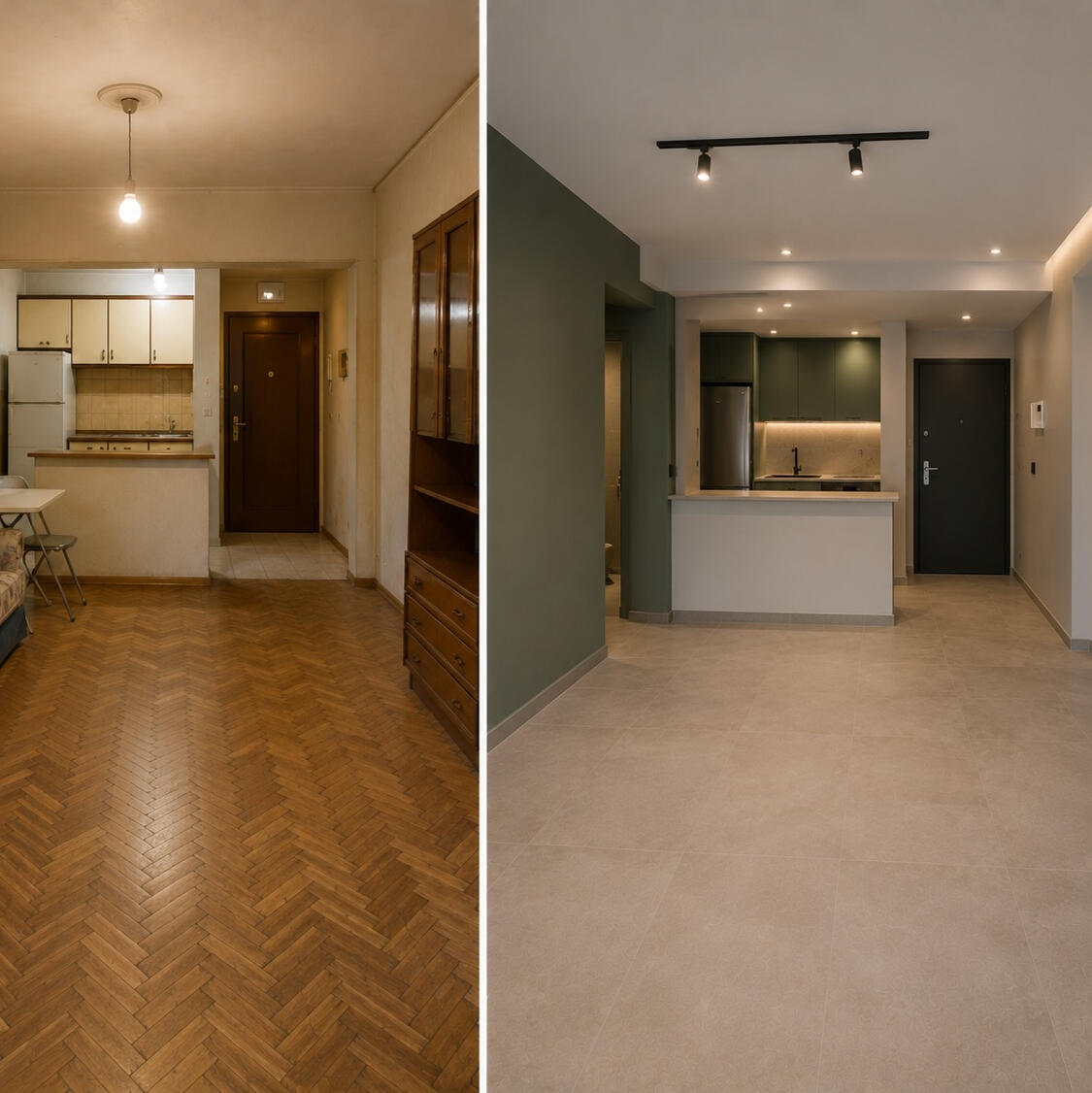 Side-by-side view of the same studio apartment in Izmir before and after renovation, showing a dated interior with patterned upholstery, dark wood cabinetry, and herringbone parquet transformed into an unfurnished contemporary space with deep green walls,