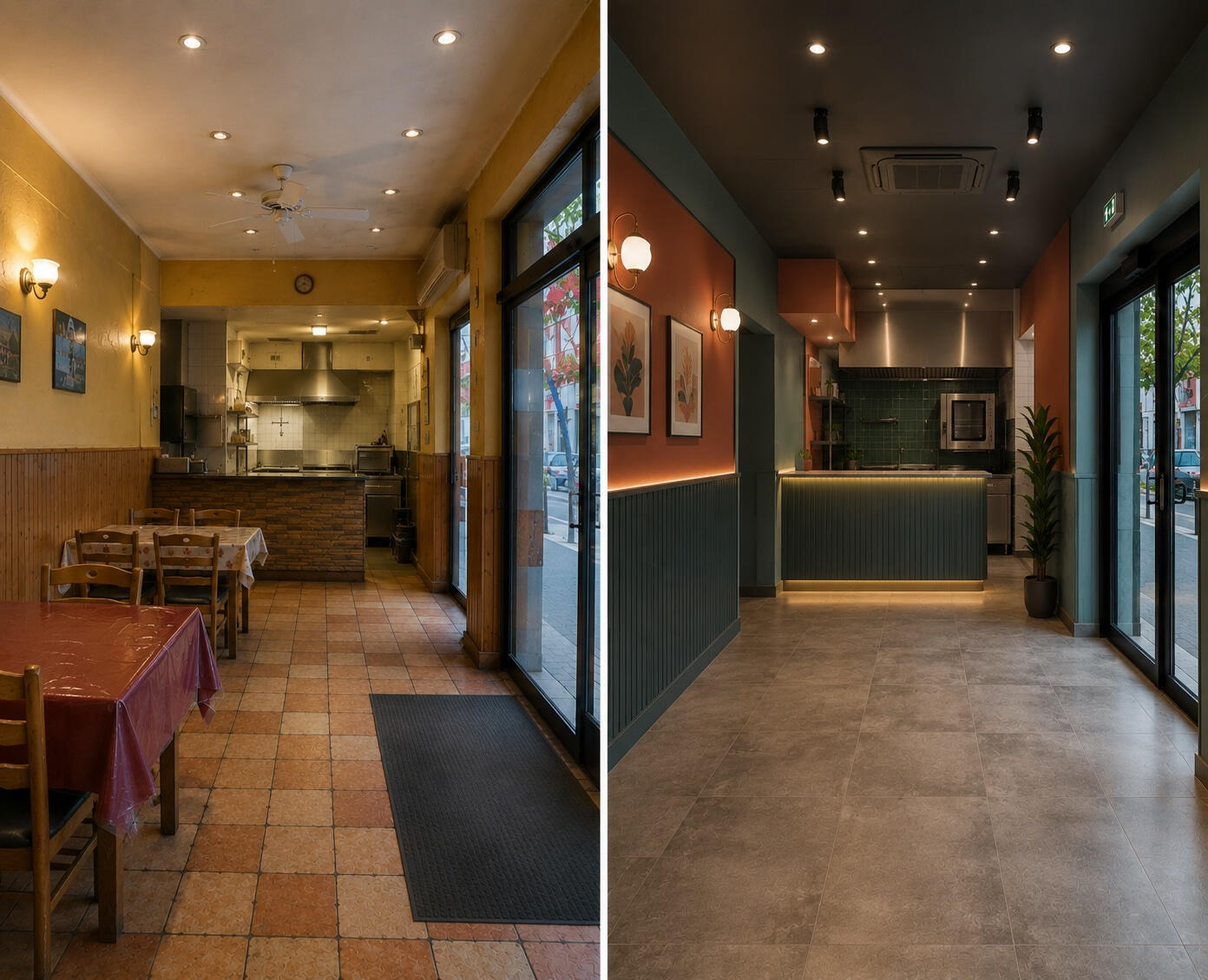 Side-by-side view of the same small restaurant before and after renovation, showing a dated yellow-and-wood interior with old furniture transformed into an unfurnished contemporary space with deep green and terracotta accents, upgraded lighting, refined wa